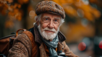 Happy elderly man in flat cap and beard sits on bicycle