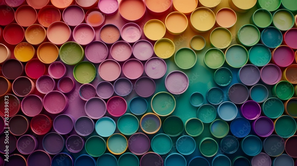 Poster various open paint cans displayed on a vibrant and colorful multicolored background