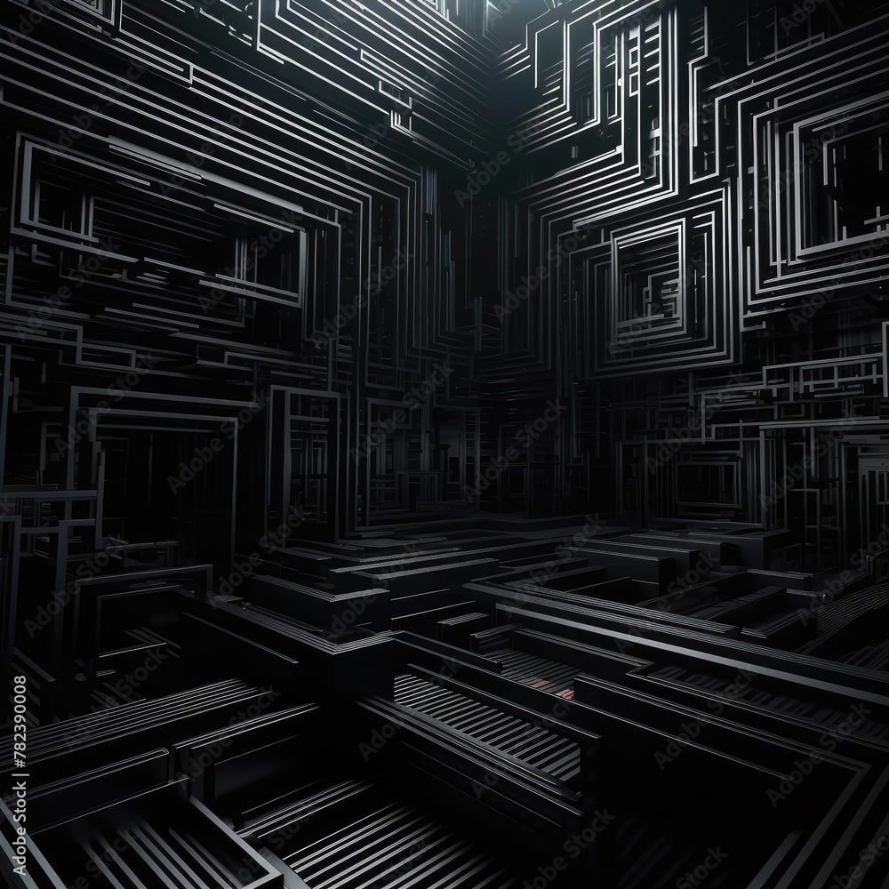 Poster futuristic geometric abstraction with extruded dark shapes generative ai