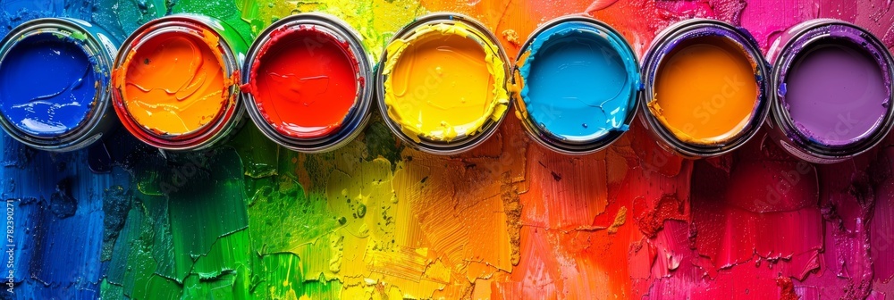 Poster assorted open paint cans on a vibrant and colorful multicolored background for artistic projects