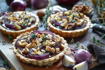 Fototapeta premium Mini tarts with red onion goat cheese pine nut thyme