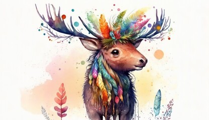 Boho Deer with Feather Headdress Generative AI - obrazy, fototapety, plakaty