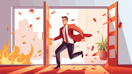 Businessman running to escape exit. Emergency exit