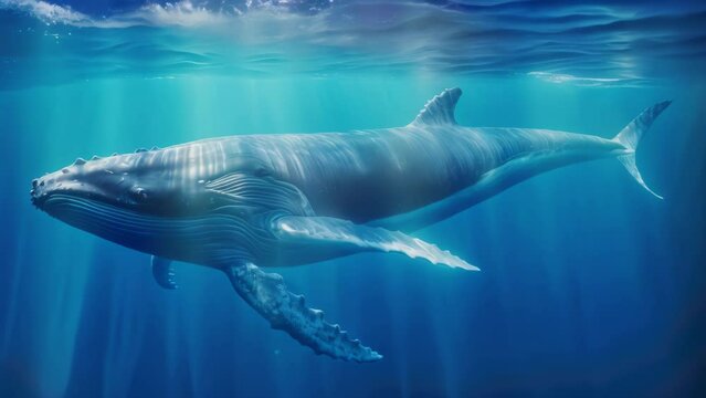 Humpback whale swimming in deep blue ocean. Underwater photography. A blue whale swimming in deep, ocean waters, AI Generated