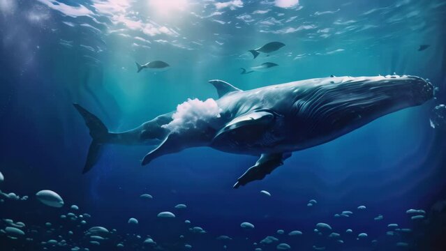 Humpback whale in deep blue ocean. Underwater scene. A blue whale swimming in deep, ocean waters, AI Generated