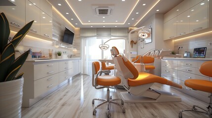 Dental office featuring orange chairs and white cabinets with hardwood flooring