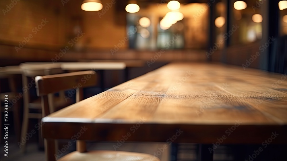 Poster Cozy Cafe Atmosphere with Empty Wooden Table Generative AI