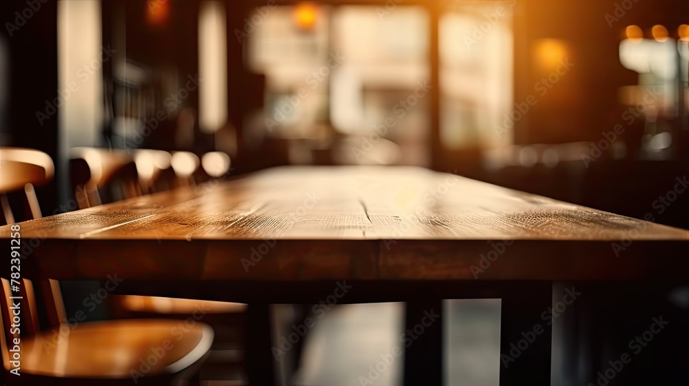 Poster cozy cafe with empty wooden table generative ai
