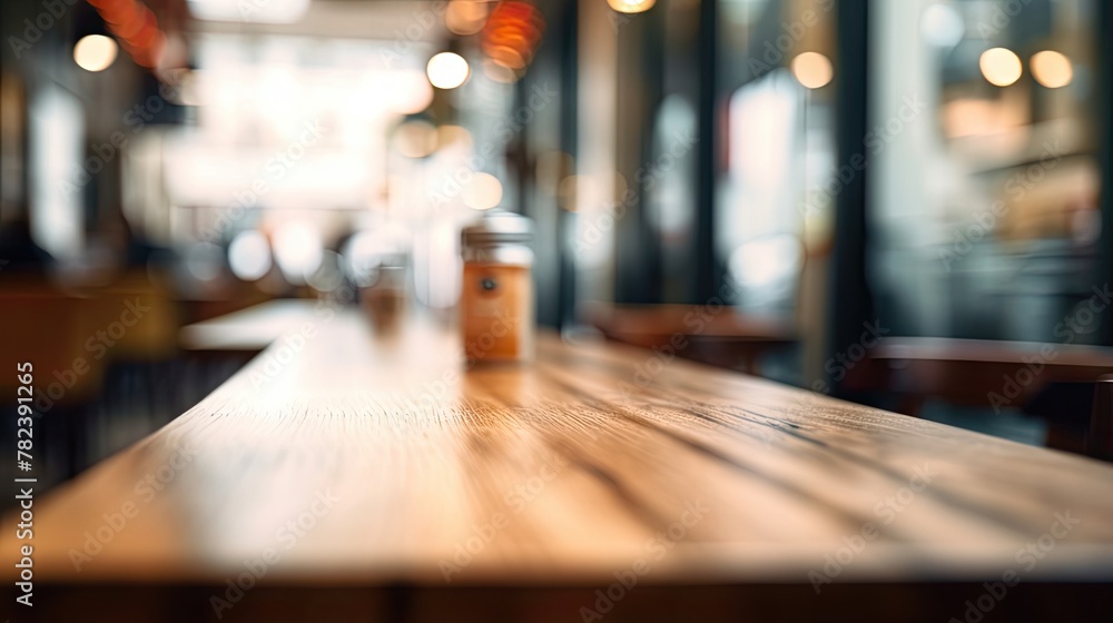Poster cozy cafe atmosphere with empty wooden table generative ai