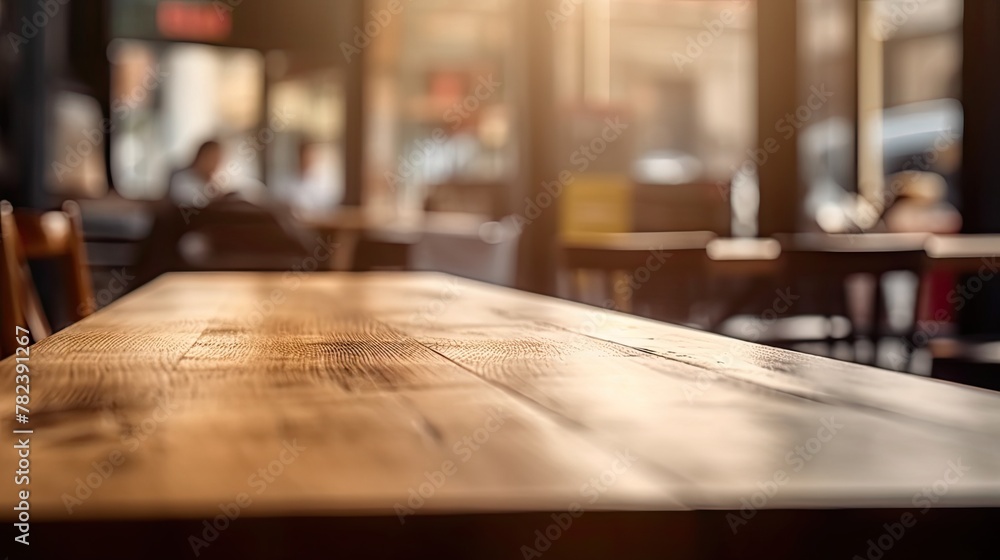 Poster Cozy Cafe Scene with Empty Wooden Table Generative AI