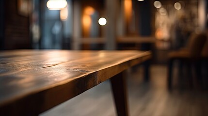 Empty Wooden Cafe Table with Blurred Background Generative AI - obrazy, fototapety, plakaty
