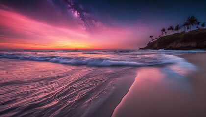 Fantastic beach. Colorful sunset over the ocean. Magical seascape. Cloud cover with stars