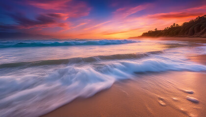 Fototapeta premium Fantastic beach. Colorful sunset over the ocean. Magical seascape. Clouds with stars