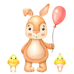 Bunny with chicks. Cute cartoon characters for Easter and children's design. Watercolor illustration isolated on white background, hand drawn.