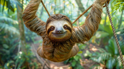 Photo of a sloth smiling while hanging from vines in the jungle - Powered by Adobe