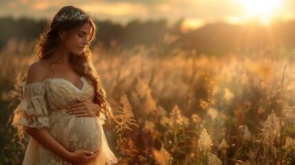 a pregnant woman in a white dress is standing in a field holding her belly
