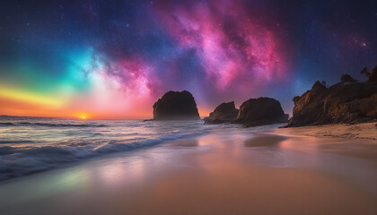 Fantastic beach. Colored sunset over the ocean. Magical seascape. Cloud cover with stars