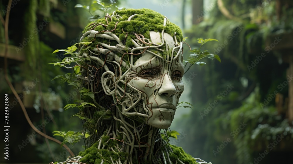 Poster surreal environmental landscape with brain in jungle generative ai