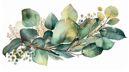 Elegant Watercolor Eucalyptus Leaf Bouquet Generative AI - obrazy, fototapety, plakaty