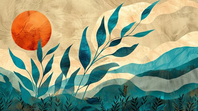 An abstract pattern featuring intertwining vegetable silhouettes and invitro elements in turquoise and warm sand hues, with a focus on negative space.