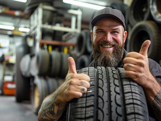 Smiling mechanic showing thumbs up with car tire in the car repair shop.  - obrazy, fototapety, plakaty