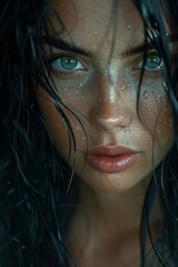 Beautiful black hair european woman with blue eyes portrait
