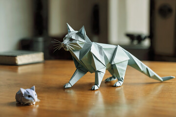 Adorable origami paper cat chasing a origami paper mouse at home. Children's book illustration.