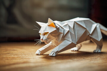 Adorable origami paper cat stretching on ground at home. Children's book illustration.