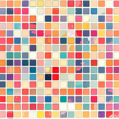 Fototapeta premium A colorful mosaic of squares with a white background. The colors are bright and vibrant, creating a cheerful and lively atmosphere. The pattern is made up of various shades of red, blue, green