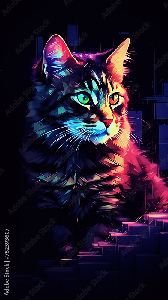 Poster glitchy cat artwork on dark background generative ai