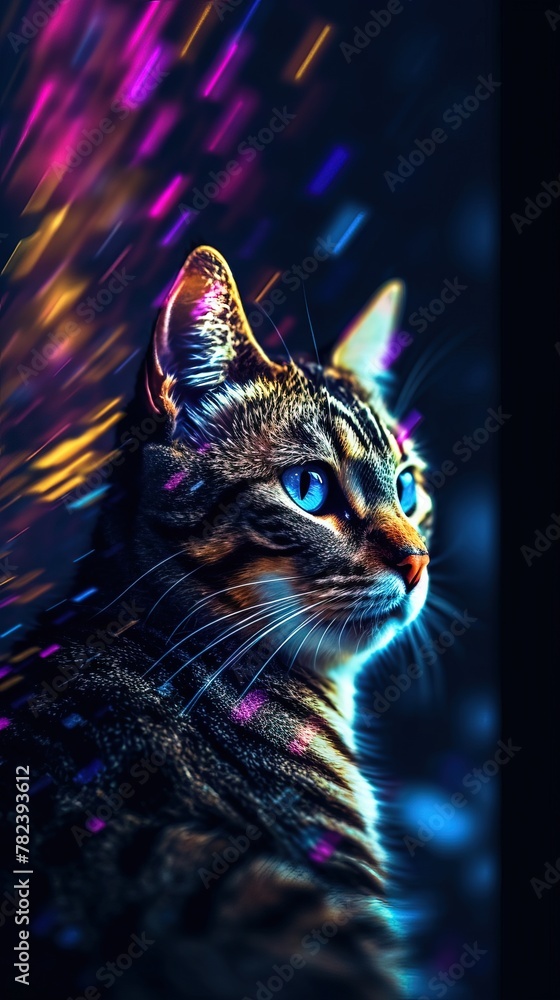 Poster glitched cat art on dark background generative ai