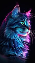 Vibrant Neon Cat on Dark Backdrop Generative AI