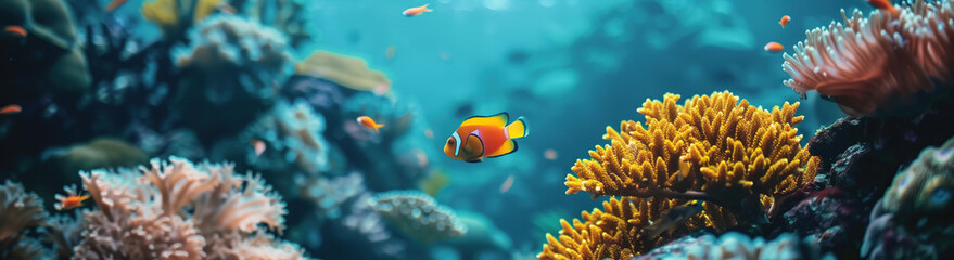 Enchanted kingdom. A vibrant coral reef teeming with colorful clown fish gracefully swimming among the coral branches and sea anemones in their natural habitat - obrazy, fototapety, plakaty