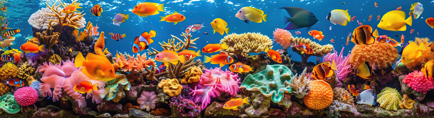 Fototapeta na wymiar Vibrant underwater paradise teeming with tropical fish amidst colorful coral reefs. A kaleidoscope of tropical fish swims through a thriving coral garden under clear blue waters