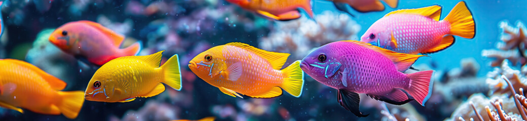 A symphony of rainbow fish. A vibrant group of colorful fish swim gracefully in an aquarium, moving in harmony with each other in a mesmerizing display of beauty - obrazy, fototapety, plakaty