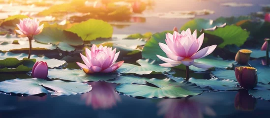 Tuinposter Lotus flowers and lush leaves in water © vxnaghiyev