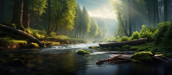 A tranquil river winding through lush woodland