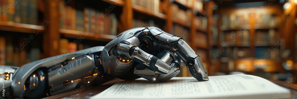 Aufkleber a robotic hand placed on top of a book in a library setting, showcasing the fusion of technology and