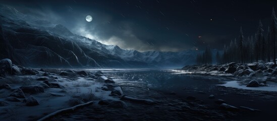 A river flowing through a dark night, mountains in backdrop