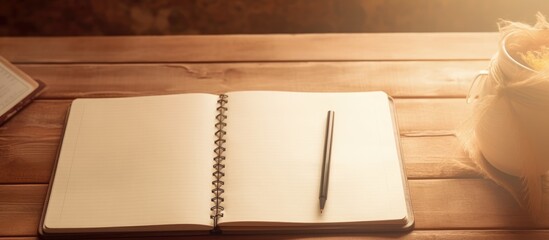 Notebook and pen by coffee cup