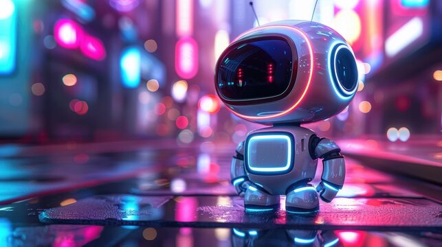 Whimsical Robotic Child in Neon Lit Futuristic Landscape with Holographic Projections