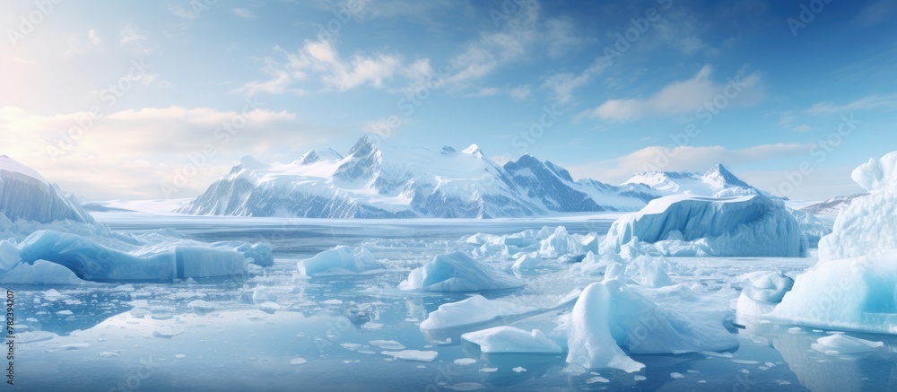 Poster icebergs float in the ocean near a distant mountain