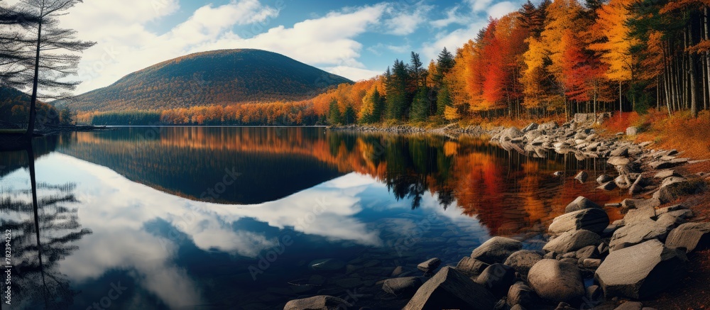 Poster autumn lake with trees and rocks