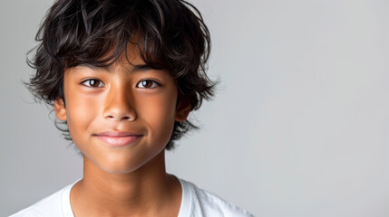 Confident young boy with a charming smile and tousled hair, casual portrait.