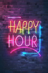 Glowing 'HAPPY HOUR' Neon Sign on Dark Brick Background