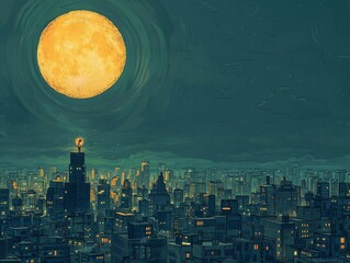 A lonely moon gazes upon a bustling city below, yearning for someone to acknowledge its glow amid the chaos, a narrative of connection sought in a busy world. - obrazy, fototapety, plakaty