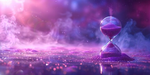 A purple hourglass sand clock placed on top of a wooden table, depicting the passage of time. - obrazy, fototapety, plakaty