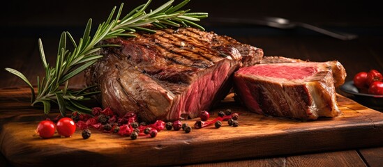 Close shot of steak on board with rosemary