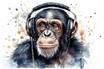 Whimsical Watercolor Chimpanzee Listening to Music Generative AI
