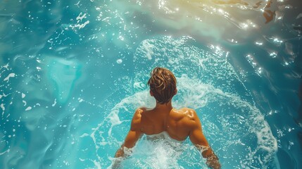 A man enjoying leisure time swimming in azure waters of a pool